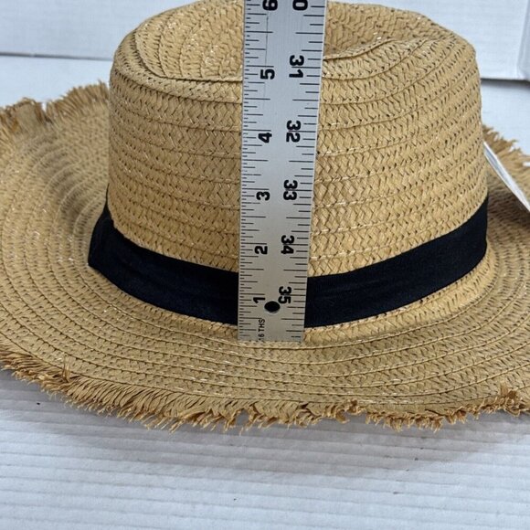Fashion Hat Woven Sun Hat Fringed Grosgrain Ribbon Band NWT Tan Black 9034 - Picture 5 of 15